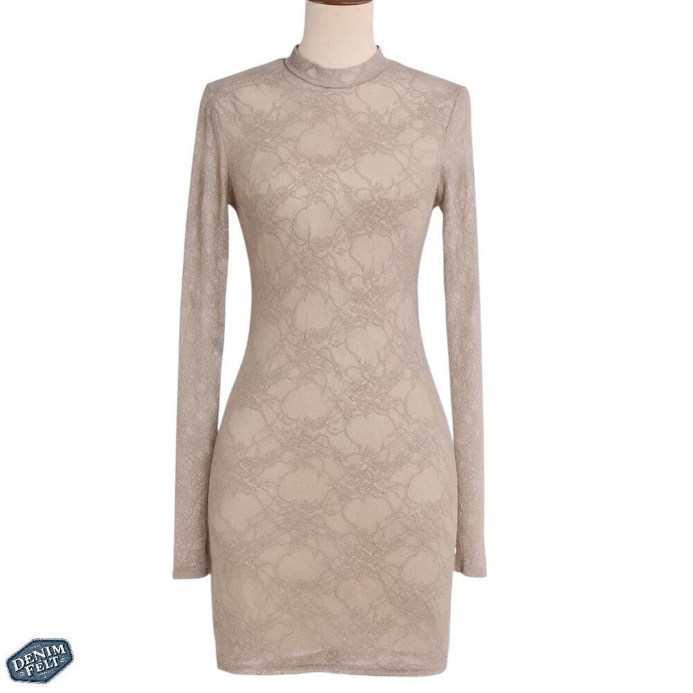 Lucky & Blessed Taupe Long‎ Sleeve Lace Mini Dress S/M/L - Western Chic NEW